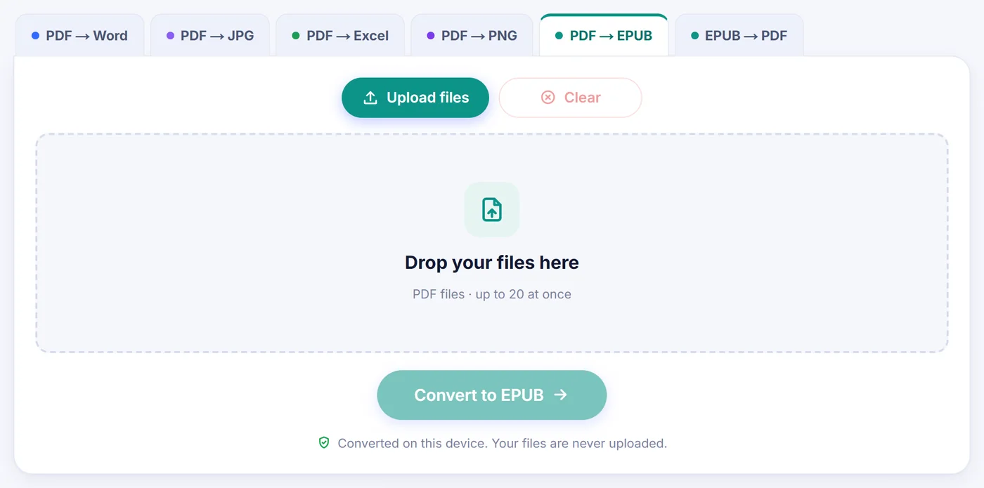 Empty PDF → EPUB tab with Upload files and Clear buttons, a drop area for up to 20 PDF files and a faded Convert to EPUB button